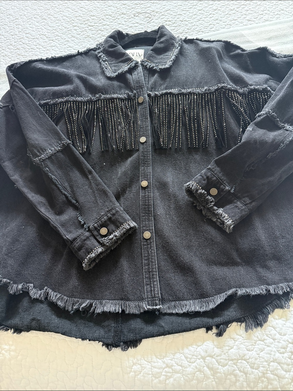 Zara Black Fringed Stud-Trim Denim Jacket
